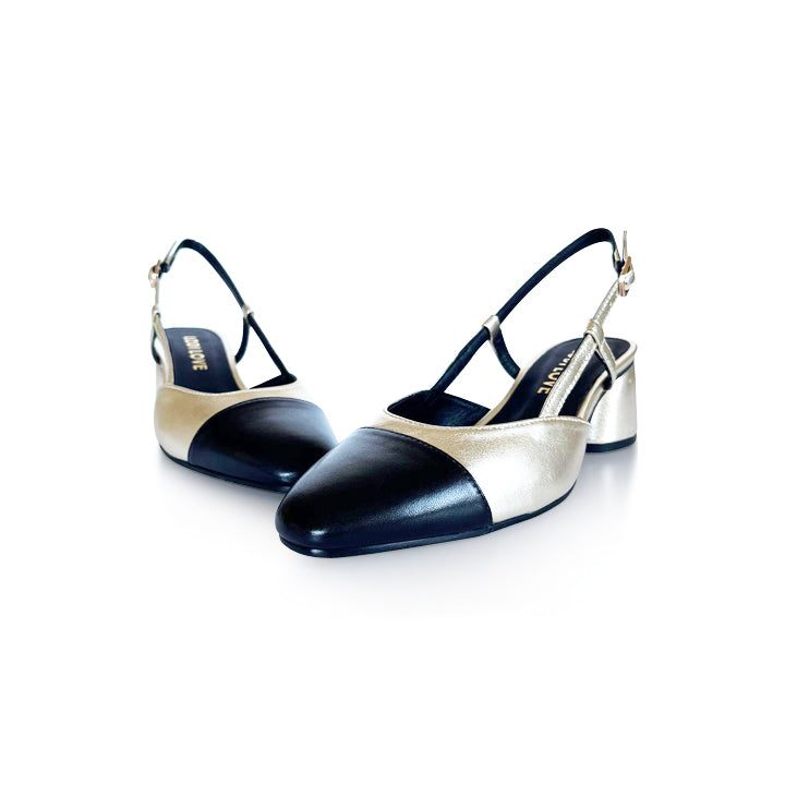 LODI ROL4343 Black & Gold Leather Slingbacks