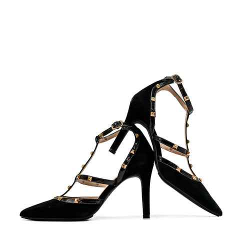 LODI Black Court Shoe with Gold Studded Strap