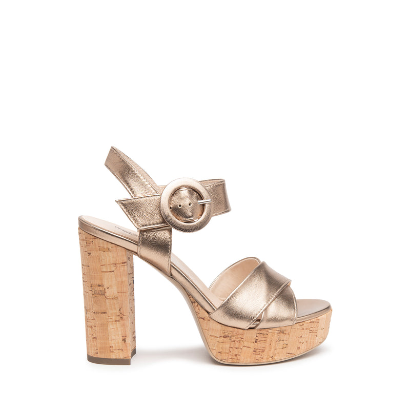 NeroGiardini Gold Leather Platform Sandals with Cork Heel