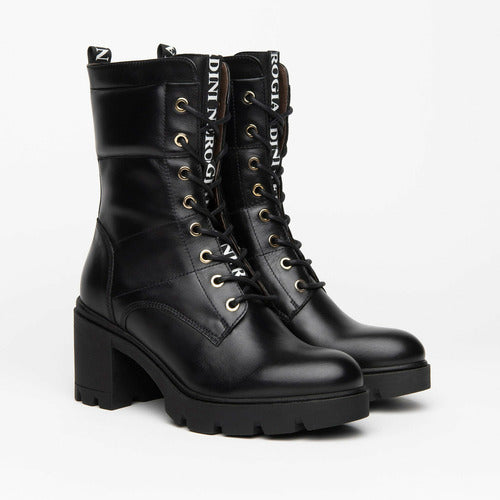 NeroGiardini Black Leather Lace Up Boots with Block Heel