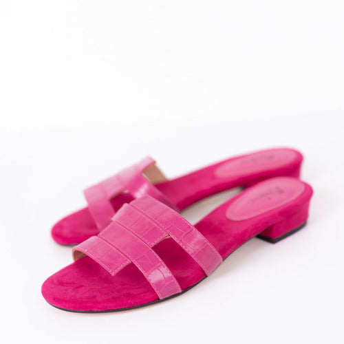 Menbur Pink Crocodile Print Flat Sandals