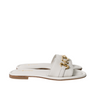 Le Babe White Leather Sliders With Gold Buckle Detail