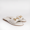 Le Babe White Leather Sliders With Gold Buckle Detail