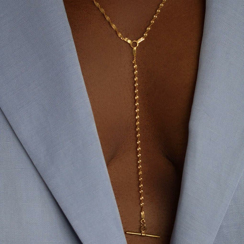 Gold Twist Rope Lariat Necklace with T Bar